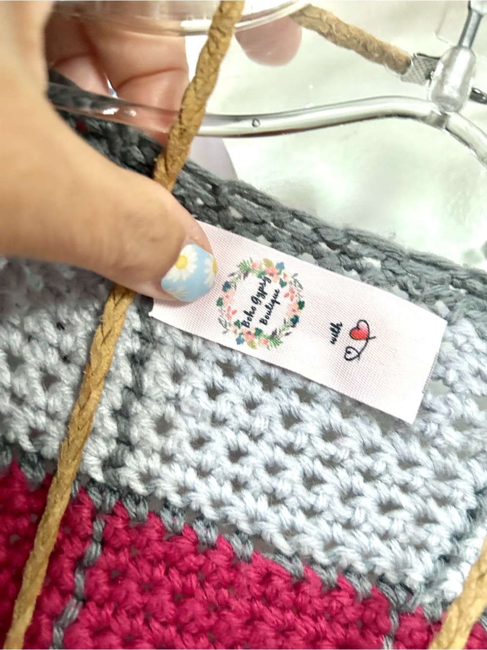 Artisan patchwork granny Open-Front Cardigan Gray & Raspberry cottagecore vibe - Picture 2 of 11